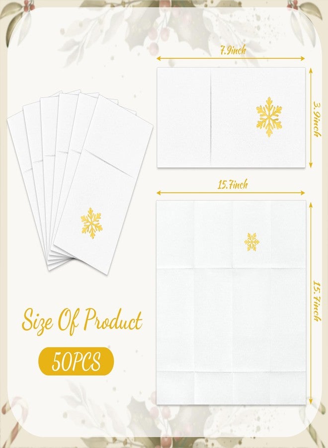JarThenaAMCS 50 Pcs Christmas Linen Feel Napkin Snowflake Gold Foil Disposable Airlaid Paper Napkin White Prefolded Dinner Napkins with Built-in Flatware Pocket for Winter Holiday Party Supplies - Image 2